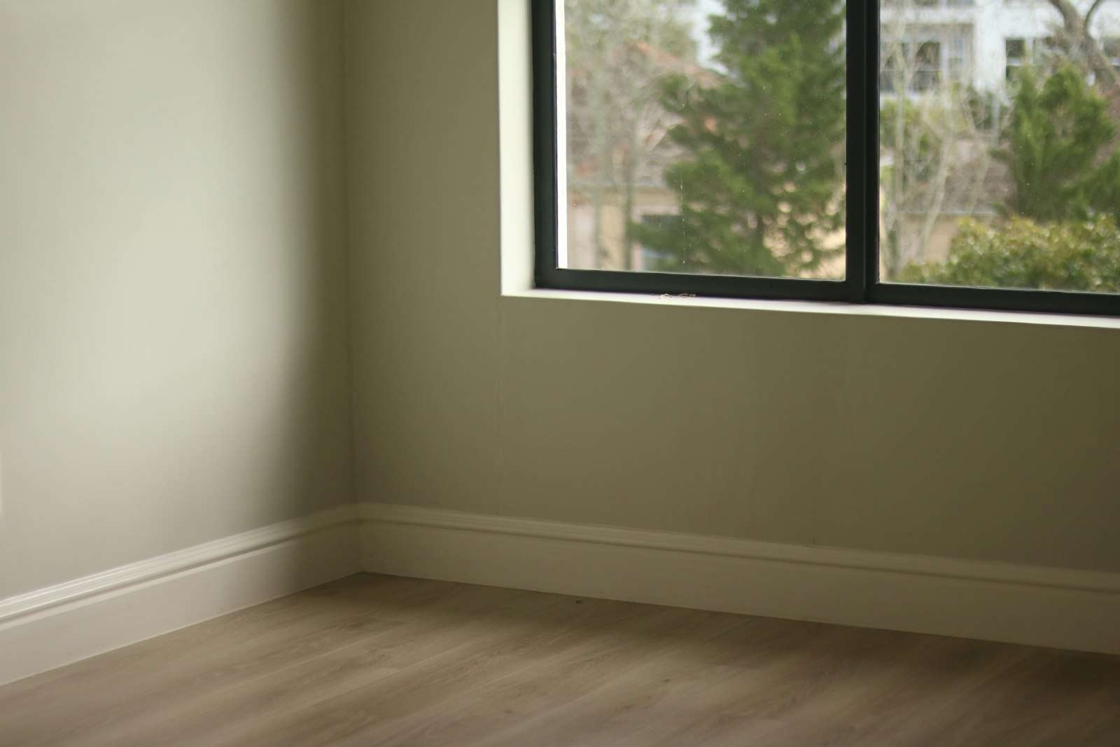 Empty freshly painted room with pale green walls, white skirting and a large window