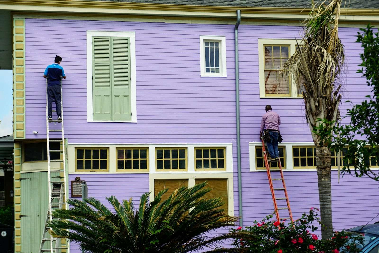 Two painters on ladders repainting a lilac weatherboard house